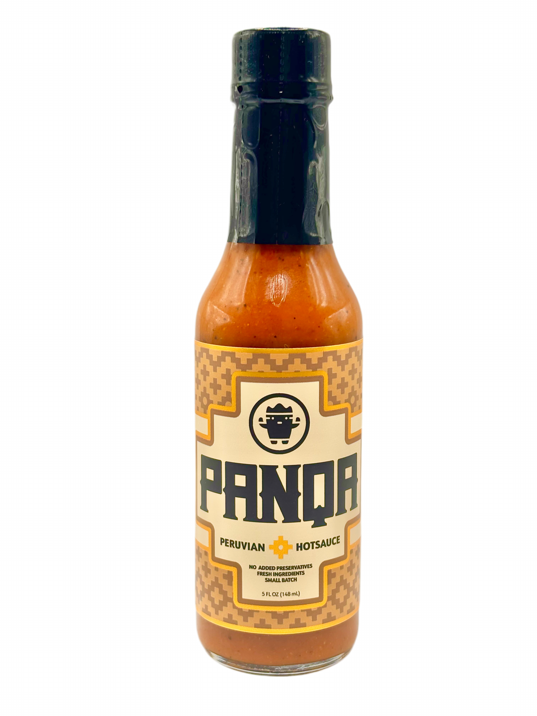 A bottle of Panqa Peruvian Sauce & Marinade with a label showcasing the brand name and a description of the product as Peruvian style with a blend of lemon, garlic, ginger, aji Amarillo and panca peppers.