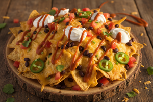 homemade loaded nachos with panqa sauce drizzled on top