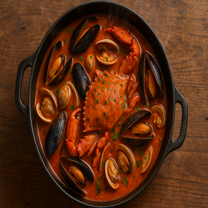 SEAFOOD STEW COOKED WITH PANQA WITH MUSSELS , CLAMS, CRAB, IN A CAST IRON PAN