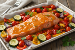 Whole salmon side baked on sheet pan with parchment paper and vegetables with orange panqa sauce over the salmon